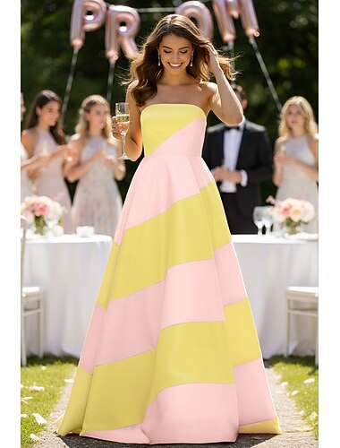  A-Linie Bodenlang Kleid für Hochzeitsgäste Abendkleid Abiballkleider Elegant Party Ärmellos Trägerlos Abschlussball Gartenparty Satin mit Farbblock
