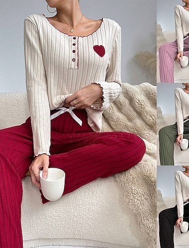  Femmes Ensemble Pyjama Occasionnel Confort Cœur Taille Élastique T-shirt Pantalon Quotidien Maison manche longue Col ras du cou Noir Rose Claire Rouge Vert Été Printemps Automne Coupe régulière