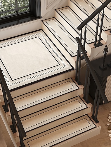  Amerikanske trappematter, selvklebende uten lim, kremfarget innendørsteppe til trapper, sklisikker, vaskbar, slitesterk trappematte til hjemmet, enkel å rengjøre og vedlikeholde