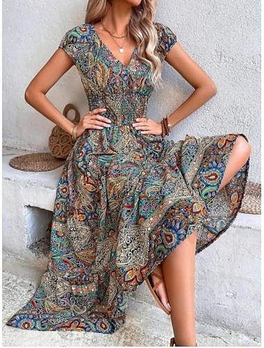  Dames Maxi-jurk Casual jurk Swingjurk A lijn jurk Boho-jurk Bohemen Etnisch Casual Dagelijks Normale pasvorm Paisley Korte mouw V-hals blauw Zomer Lente