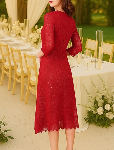  فستان شفاف بطول الشاي على شكل حرف A فستان بطول الركبة للتخرج فستان حفلة فستان أم العروس بكم بطول 3/4 ياقة V ياقة مقلوبة أنيق بعتيق مع تطريز من الدانتيل