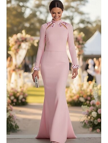 Abito da sposa invitata di nozze sirena tromba con strascico abito formale abiti da sera abito madre della sposa manica lunga collo alto elegante formale con perline e paillettes