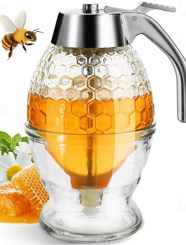  dispenser per miele in vetro antigoccia con coperchio in plastica, dispenser per sciroppo, barattolo per miele con beccuccio facile da versare, pratico e pratico per l'uso in cucina, sala da pranzo e