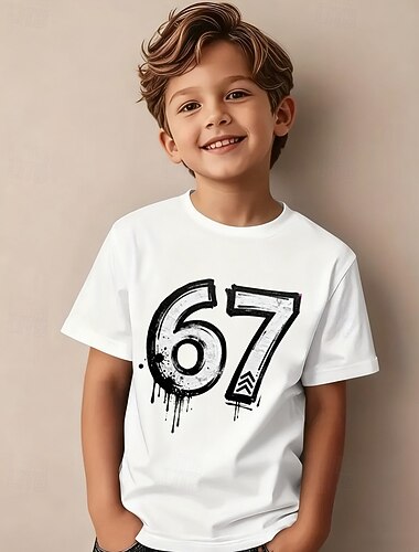  Βαμβάκι Παιδιά Αγορίστικα Μαύρο Λευκό Γραφική Αστεία αργκό 67 Κοντομάνικη μπλούζα Μπλούζα Στρογγυλή Ψηλή Λαιμόκοψη Κοντομάνικο ΕΞΩΤΕΡΙΚΟΥ ΧΩΡΟΥ Καθημερινή Ένδυση Μοντέρνα Κομψό στυλ street