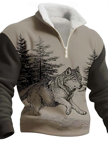  Herr retro löpar- och fleecetröja med vargtryck, kvarts dragkedja, färgblock, utomhus, jaktstil, ståkrage, vinter, casual, toppar, kläder, s m l xl xxl xxxl