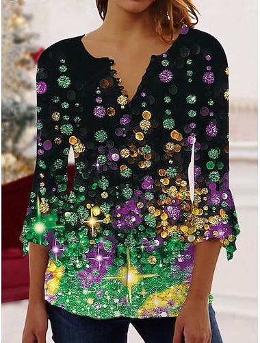  Carnaval Dames Blouse Ombre Grafisch Geometrisch Elegant Bohemia Stylish 3/4 Lange Mouw V Hals Reguliere Tops Dagelijks Uitgaan Ruches Knopen Groen Zomer Lente Herfst
