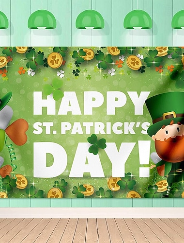  Bandeira irlandesa verde do Dia de São Patrício, trevo &Estampa de duende, decoração para festa no quintal, tecido para fundo de fotos, detalhes dourados para a celebração do Dia de São Patrício.