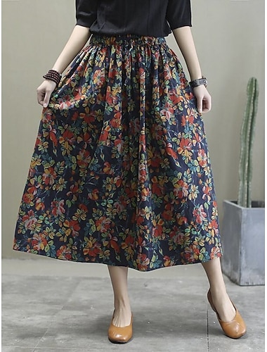  Damen Mode Lässig Midi Hohe Taille Röcke Blumen Tasche Druck Mikroelastisch Täglich Straße Rote Grün Frühling Polyester