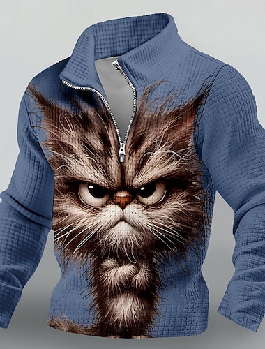  Herren-Sweatshirt mit Viertelreißverschluss, 3D-Waffelpiqué-Print mit wütender Katze, Langarm, lässiges Oberteil, lustiges Tiermotiv, Sweatshirts, Bekleidung, Größen: S, M, L, XL, XXL, XXXL