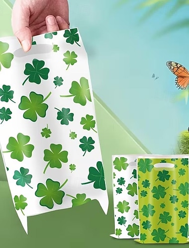  10er-Packung Plastikgeschenktüten mit Kleeblattmotiv zum St. Patrick's Day &Kleeblatt-Design – Geschenktüten für Haustiere/PBT, geeignet für Geburtstagsfeiern und Veranstaltungen im irischen Stil