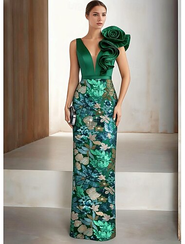  Schlauchkleid Bodenlang Perlenbestickt Abendkleid Kleid der Brautmutter Abendkleid Festliche Kleidung Elegant Glitzern seidig Ärmellos V Ausschnitt Hochzeit Formell Capes Satin Spitze mit Glitzer