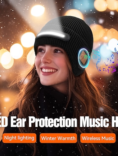  Bluetooth-lue med lys, unisex trådløse hodetelefoner med LED-lyd for musikksynkronisering, innebygde HD-stereohøyttalere &mikrofon, vaskbar strikket lue for løping, camping, ski, teknologigaver til