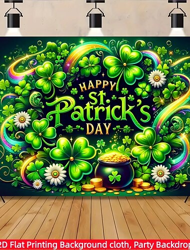  Tapeçaria de parede com estampa plana 2D para o Dia de São Patrício, com desenho de trevo e pote de ouro, ideal para decoração festiva de festa irlandesa.