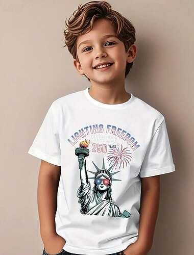  100% katoen Kinderen Jongens Zwart Wit Grafisch Amerikaanse Vlag 250-jarig jubileum T-shirt Blouse Strakke ronde hals Korte mouw Buiten Dagelijks gebruik Modieus Streetwear Ontwerper Opdrukken Zomer