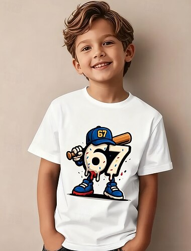  Baumwolle Kinder Jungen Schwarz Weiß Grafik Lustiger Slang 67 T-Shirt Bluse Rundhalsausschnitt Kurzarm Outdoor Alltagskleidung Mode Streetwear Designer Drucken Sommer