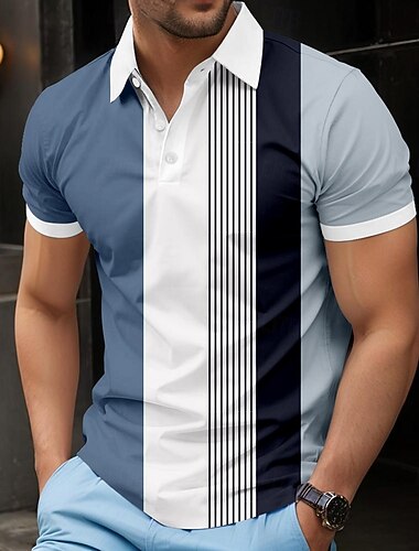  Voor heren Gestreept Polo Korte mouw Poloshirt Revers Casual Sportkleding Alledaagse kleding 3D-afdrukken Knop Zomer blauw Hemelsblauw Paars