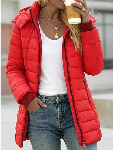  Damen Daunenjacke Mantel Isoliert Thermowarm Reißverschluss Aktiv Täglich Outdoor Bequem Einfarbig Outdoor Alltagskleidung Alltagstauglich Mit Kapuze Normale Passform Langarm Oberbekleidung Schwarz