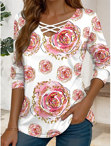  Valentinstag Damen T Shirt Ausschnitt Druck Herz Grafik Vintage Stilvoll Modern Langarm V Ausschnitt Normale Oberteile Täglich Rosa Rote Frühling Winter