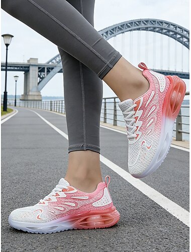  Roze damessneakers met luchtkussen – lichtgewicht mesh schoenen met roze kleurverloop, ademend ontwerp, comfortabel voor hardlopen, wandelen, fitness en casual gebruik.