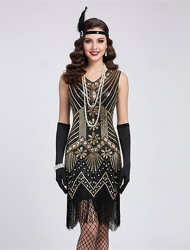  Sett De livlige 20-årene 1920-tallet Flapper kjole Cocktailkjole med tilbehør Den store Gatsby Flapper Girl Paljetter Dusk Duskfrynser Paljetter Kostyme Dame Fancy dress Nytt År Retro-temafest