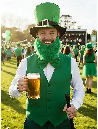  Accessoireset voor een herenkostuum als kabouter voor St. Patrick's Day, gemaakt van polyester: groene hoge hoed met gesp, nepbaard, vlinderdas en stropdas, voor feestjes en feestdagen.