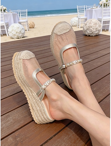  Dames espadrillesandalen met parelband en mesh platform - comfortabele instappers met sleehak voor bruiloftsgasten bij strandceremonies