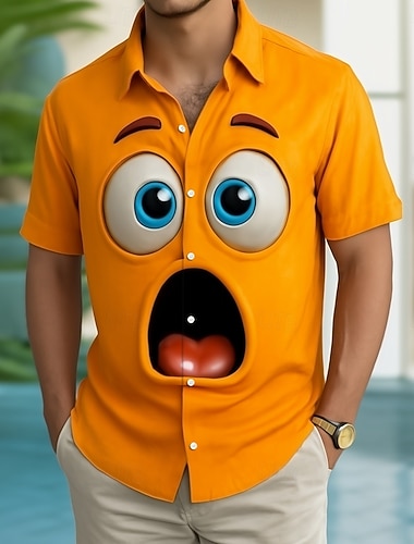  Herren Optische Täuschung 3D Zeichentrick Lächelndes Gesicht Hemd Knopfhemd Kurzarm Lustig Outdoor Ferien Sommer Frühling Umlegekragen 3D-Druck Hemden mit Kragen Gelb Dunkelgrün Orange Grün