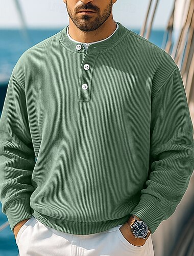  Herren Cordhemd Henley Hemd T-Shirt Langarm Henley Herbst Winter Ganzjahres Einfarbig Einfach Mode Designer Lässig Knöpfe Warm Lässig Täglich Outdoor Hellblau Hellgrün Grau Top T-Shirt für Herren