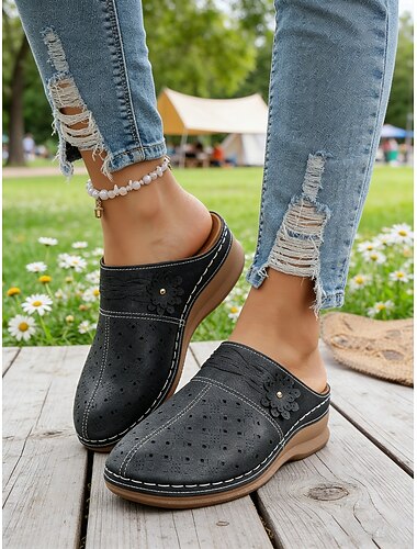  Dames muiltjes met blauwe perforaties - comfortabele casual schoenen met bloemenprint, ideaal voor tuinwandelingen, picknicks, dagelijkse boodschappen en buitenbijeenkomsten.