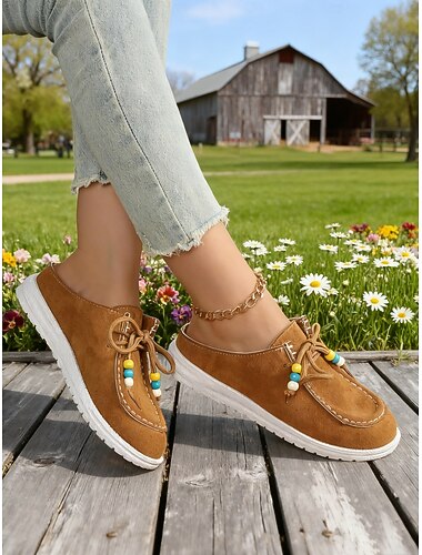 Dames muiltjes in camelkleur met kralenveters, comfortabele instapschoenen voor een casual stijl, tuinieren, reizen, weekendkleding en dagelijks comfort.
