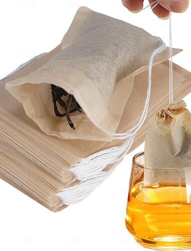  100 Stück Einweg-Teefilterbeutel für losen Tee, leere Beutel mit Kordelzug für losen Blatttee aus 100 % ungebleichtem Papier