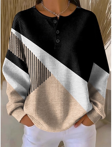  Mulheres Moletons Botões Gráfico Geométrica Bloco de cor Moda Casual Estampado Manga Longa Gola Redonda Decote Redondo Tops regulares Casual Rua Azul Roxo Verde Caqui Outono Inverno