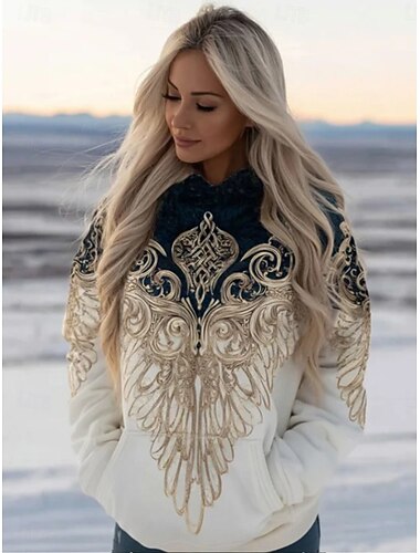  Dame Pullover hettegenser-genser Lapper Trykt mønster Lomme foran Grafisk Geometrisk Stamme Årgang Fritid Bohem Langermet Med hette Vanlige topper Avslappet Gate Hverdag Marineblå Beige Vår Høst