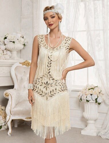  Goldene Zwanziger 1920er Knielang Kleid Hochzeit Junggesellenabschied Ärmellos Der große Gatsby Charleston Hochzeitsgast Pailletten Quastenfransen Rundausschnitt Kostüm Damen Neujahr Maskerade