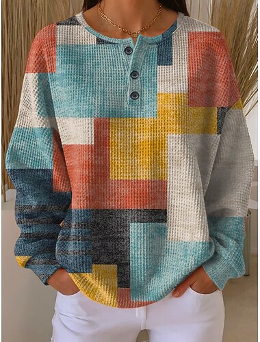  Damen Pullover Sweatshirt Knöpfe Grafik Geometrisch Mode Lässig Druck Langarm Rundhalsausschnitt Normale Oberteile Lässig Heim Arbeit Gelb Rote Orange Grün Frühling Herbst