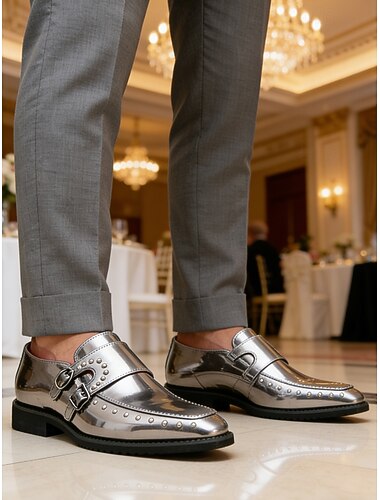  Stijlvolle zilverkleurige instappers voor heren – premium uitvoering met decoratieve gesp, perfect voor formele gelegenheden, feesten, speciale evenementen en bruiloften.
