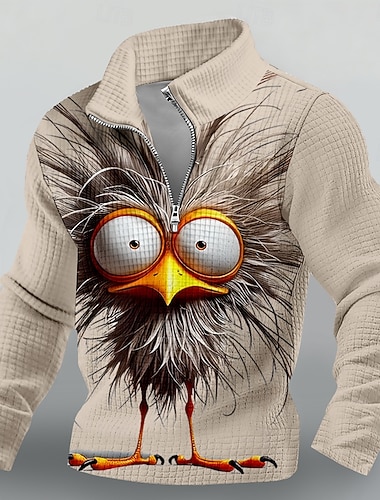  Herren-Sweatshirt mit Viertelreißverschluss, lustigem 3D-Vogelprint mit großen Augen, Waffelstruktur, Langarm, Freizeit-Oberteil, originelles Grafik-Sweatshirt, Bekleidung, Größen: S, M, L, XL, XXL,
