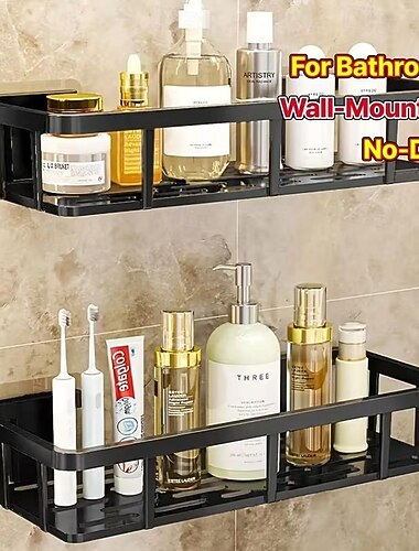  رفان أسودان للتثبيت على الحائط بدون حفر - وحدة رفوف متينة مقاومة للماء مصنوعة من البلاستيك، توفر مساحة تخزين في الحمام، مناسبة للحمامات الصغيرة، سهلة التركيب باستخدام لاصق/خطافات (بدون حفر).