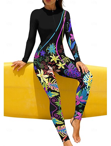  Damen Regulär Anti UV Shirt Ganzkörper-Rashguard Badeanzug Blumenmuster Tropisch Farbblockierung mit integriertem BH Frontreißverschluss UV-Sonnenschutz UPF50+ Elastisch Handyhülle für das ganze Handy