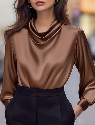  Damen Hemd Elegant Satin-Top Bluse Gerafft Patchwork Drapiert Einfarbig Einfach Elegant Vintage Damen Langarm Wasserfallausschnitt Normale Oberteile Täglich Arbeit Ferien Braun Herbst Winter