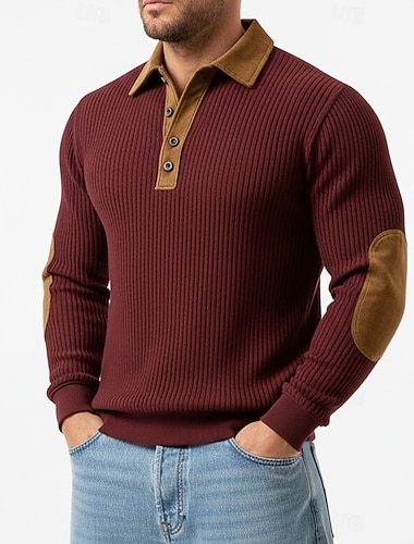  Herren Sweatshirt Pullover Kapuzenpullover mit Knöpfen Rippenstrick Armeegrün Burgunderrot Marineblau Khaki Polokragen Einfach Patchwork Farbblock Strukturiert Lässig Täglich Sport & Outdoor Vintage