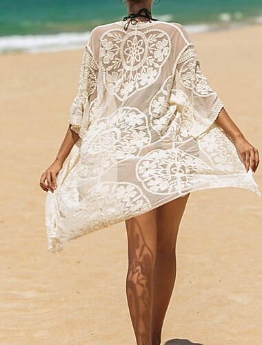  Damen Badeanzug Überwurf Anti UV Shirt Bademode Spitze Urlaub Strandbekleidung Einfarbig Langarm Badeanzüge