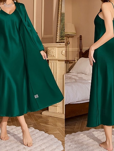  Damen Freizeitkleidung Robe Nachthemd Mode Lässig Weich Einfarbig Patchwork Kleid Heim Urlaub Langarm V Ausschnitt Schwarz Champagner Rosa Wein Grün Sommer Frühling Herbst Normale Passform