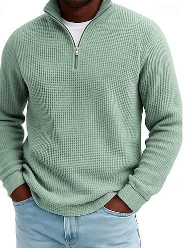  Herren Waffel-Poloshirts Textur Outdoor Lässig Viertelreißverschluss Langarm Mode Modern Einfarbig Texture Gestrickt Herbst Frühling & Herbst Herbst Winter Normale Passform Dunkel Braun Wein Schwarz