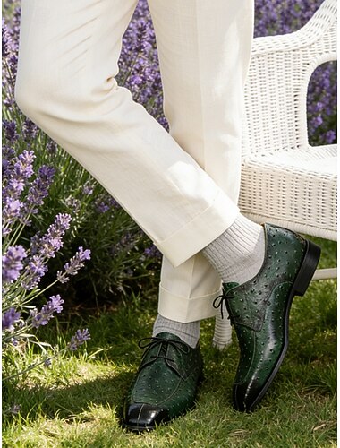  Groene derby's voor heren met krokodillenprint – stijlvolle leren schoenen met gespdetails, perfect voor bruiloften, feesten en speciale gelegenheden.