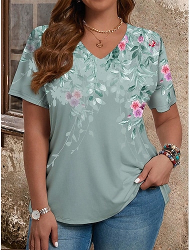  Damen Übergröße Oberteile T Shirt Blumen Druck Kurzarm Rundhalsausschnitt Lässig Täglich Polyester Sommer Frühling Blau Dunkelgrün