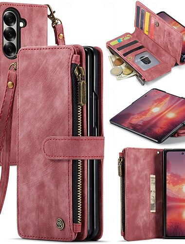  telefone Capinha Para Samsung Galaxy Dobra Z 7 Capa para Cartão Wallet Zíper com cordão Pata de Apoio TPU Couro PU