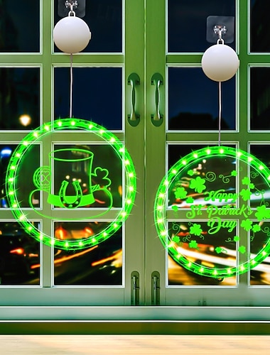  St. Patrick's Day Dekorationen Irland LED-Hängelichter, 22/24 cm Kleeblatt &Lichterkette mit Saugnapf, geeignet für Türen, Fenster, Wände, Partys und Feiertage, inklusive AAA-Batteriefach