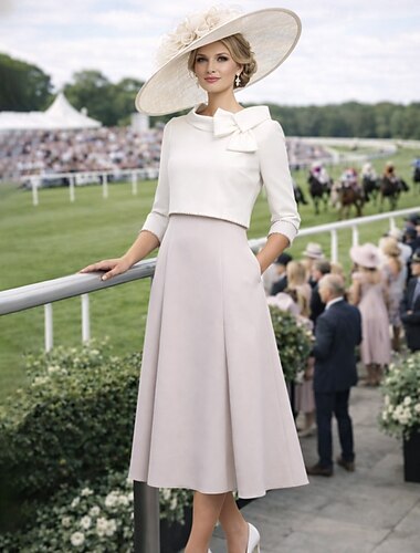  Tvådelad Ankellång Bröllopsgästklänning Klänning till brudens mor 3/4 ärm Prydd med juveler Elegant Bröllopsgäst Kyrka Stretchig satäng Korta jacka kjolar med Rosett(er)