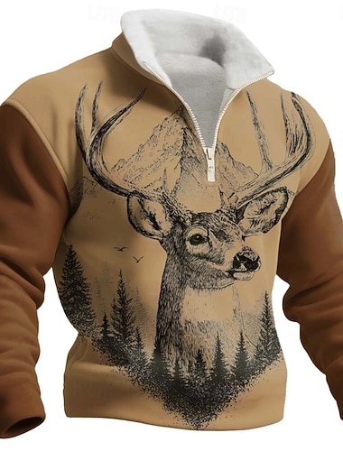  Herren Tiermotiv Bär Fleece Pullover Mode Lässig 3D Jagd Stehkragen Viertelreißverschluss Outdoor Streetwear Urlaub Geschenk Braun Khaki Dunkelgray Grau Halber Reißverschluss Herbst Winter Designer S